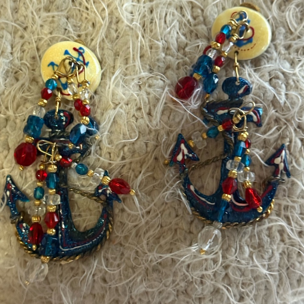 Vintage 1990 Lunch at The Ritz. Nautical Anchor Earrings with Beads.  Clip on